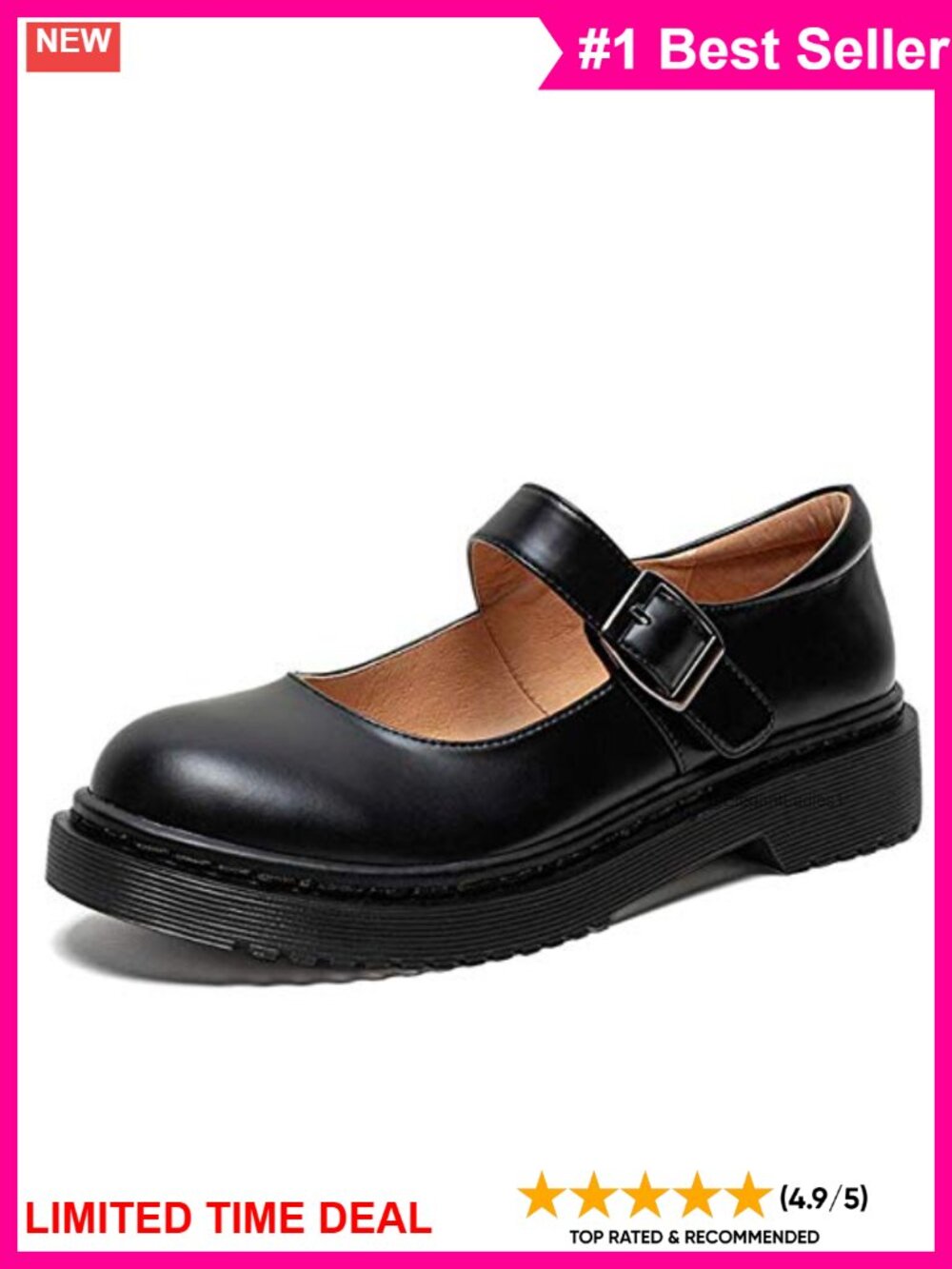 Mary Jane Flats Closed Toe Faux Leather Adjustable Ankle Strap Buckle Shoes